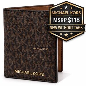 Michael Kors MK Logo Bifold Wallet Brown Monogram PVC Leather MSRP $118 unisex